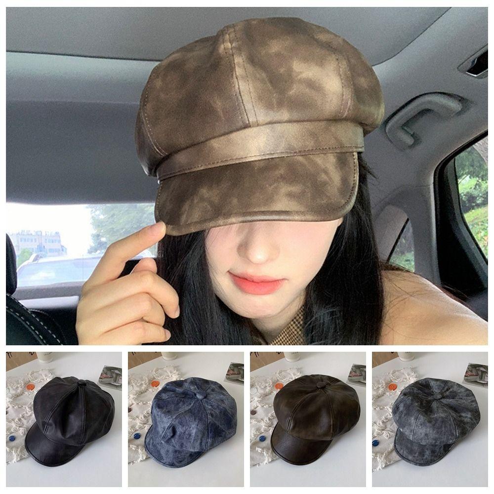 British Style Pu Leather Beret Autumn Winter Artist Cap Elegant Women's Beret  Streetwear