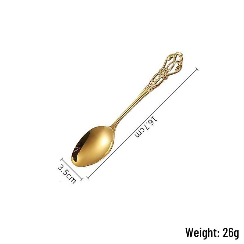 Royal Court Stainless Steel Retro Embossed Cutlery Set: Knife, Fork, Spoon, Steak Knife, Dessert Spoon.