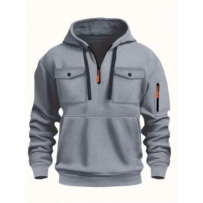 Mens Winter Warm Fleece Lined Hooded Pullover Sweatshirt With Zipper V-Neck Loose Fit Casual Sportswear