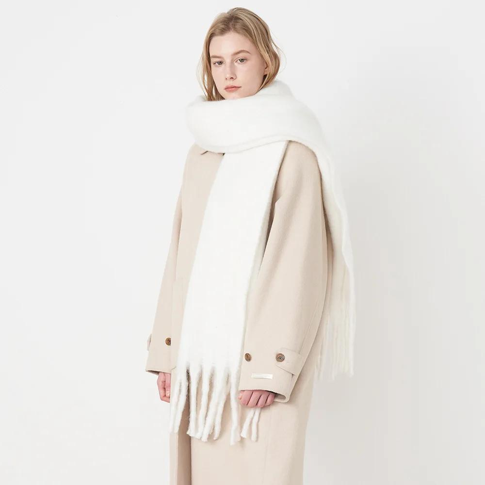 Solid Color Fluffy Chunky Scarf Imitation Cashmere Soft Cozy Tassel Long Scarf Winter Thickened Warm Coldproof Versatile Scarf