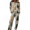 Women's Casual Pajama Set with Round Neck Long Sleeve and Wide Leg Pants for Sleep