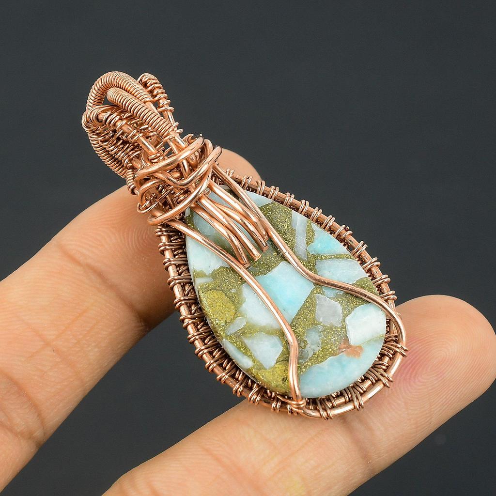 Copper Larimar Pendant Gemstone Handmade Jewelry, 999 Copper Wire Wrapped Pendant, Gift For Wife Jewelry