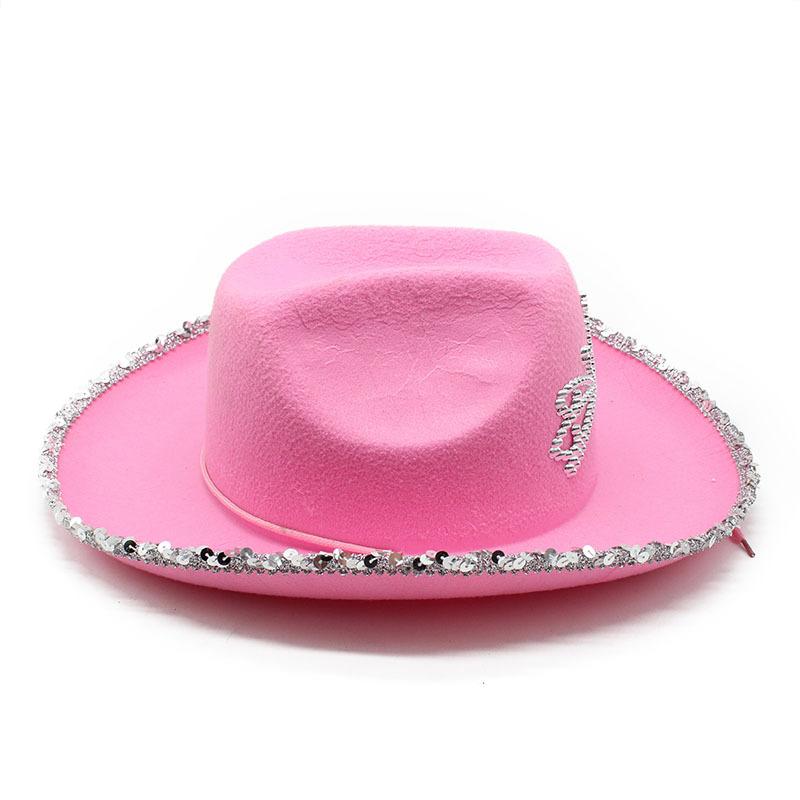 Pink Silver Cowboy Hat Women'S Non-Woven Crown Western Cowboy Hat Jazz Roll Top Hat Ins