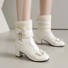 Fashion Cute Boots Women Chunky Heel Lace Up Booties Cosplay Shoes Block Heel Sweet Ankle Boots Pretty Lace Boots With Bow