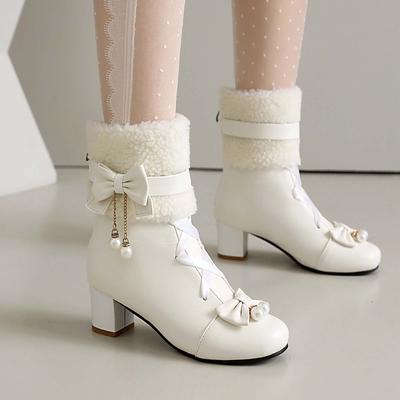 Fashion Cute Boots Women Chunky Heel Lace Up Booties Cosplay Shoes Block Heel Sweet Ankle Boots Pretty Lace Boots With Bow