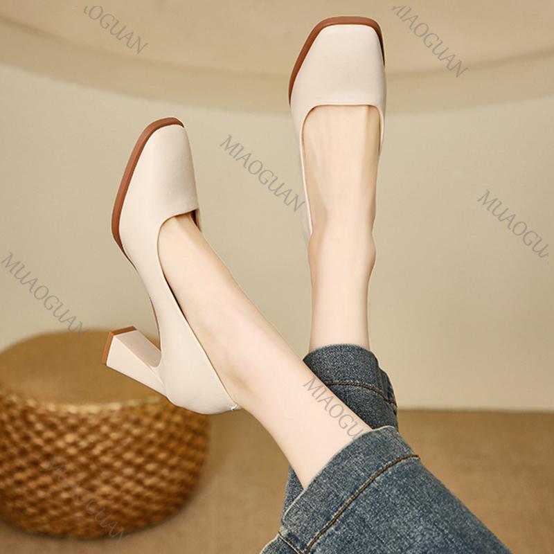 Fashion Spring New Women's Pumps Retro Shallow Mouth Square Head Thick High Heels Work Shoes Commuting Beige Black Women Single Shoes