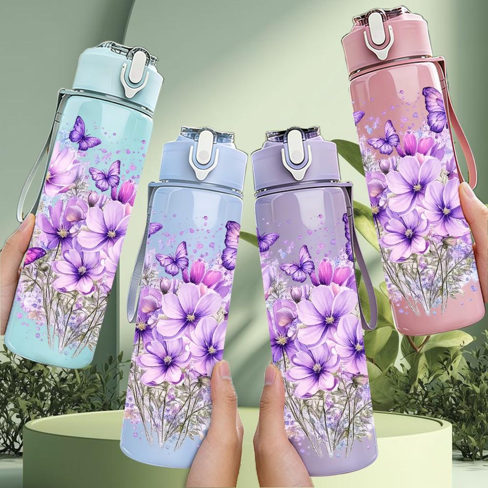 1PC Purple Lavender Bouquet Flower Print 750ml Color Plastic Sports Water Bottle Leakproof Flip Straw Lid Suitable for Sports Office Home Use