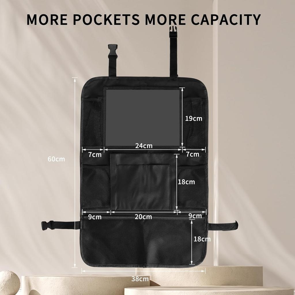 Backseat Car Organizer With Touch Screen Tablet Holder, Storage Pockets, Foldable Food Tray, Kick Mats Back Seat Protector, Travel Accessories For