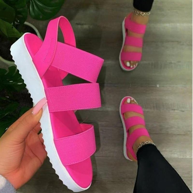 

New colorful summer elastic one-word sandals large size 4 flat-bottomed beach sandals 43 розы красного