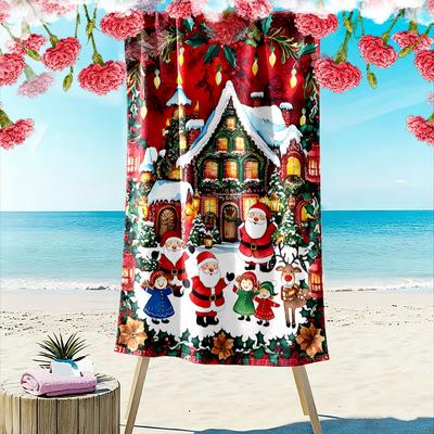 Festive Snowy Holiday Scene Print Beach Towel, Quick Drying, Suitable for Travel, Outdoor Sports, Jogging, the Beach and Swimming, Gift