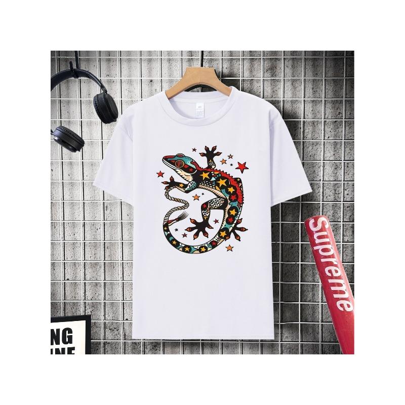 

Европейские размеры Стилизованная разноцветная ящерица геккон со звездами и треугольниками, Футболка для мальчиков и девочек, Повседневная летняя с коротким рукавом 98cm белый