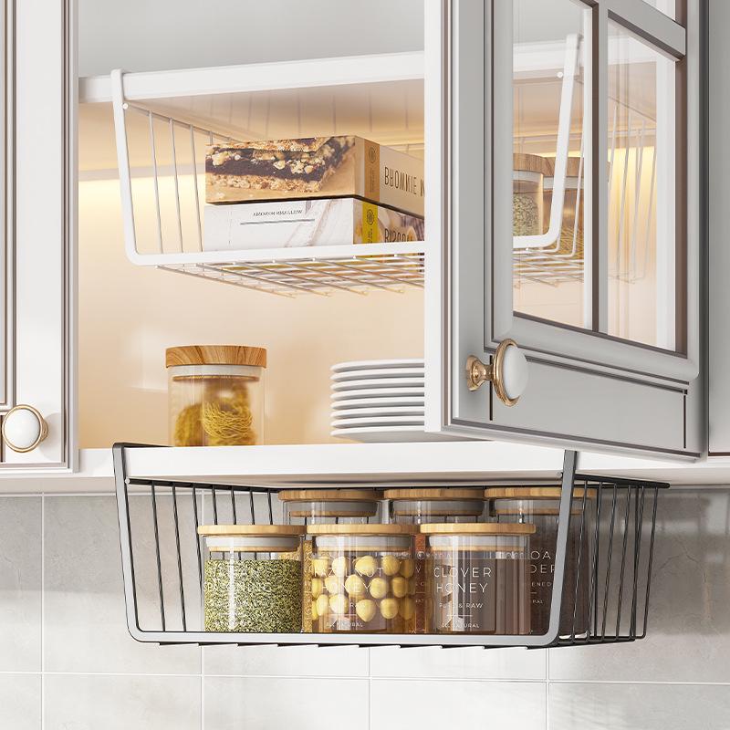 Punch-Free Hanging Basket Wrought Iron Shelf: Wall-Mounted Kitchen & Dorm Storage for Seasonings & Under-Table Use.