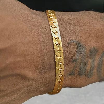 Gold Plated Flat Cuban Chain Bracelets for Men,Trendy Stainless Steel Chain Links Wristband,Classic Punk Jewelry Gifts