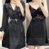Damen Patchwork Spitze Twinset Robe Set Kimono Bademantel Kleid Sexy Nachtwäsche Nachthemd Dessous Seidiges Satin Home Dress Lounge Wear