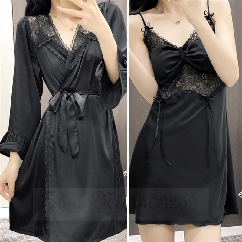 Female Patchwork Lace Twinset Robe Set Kimono Bathrobe Gown Sexy Sleepwear Nightgown Lingerie Silky Satin Home Dress Lounge Wear