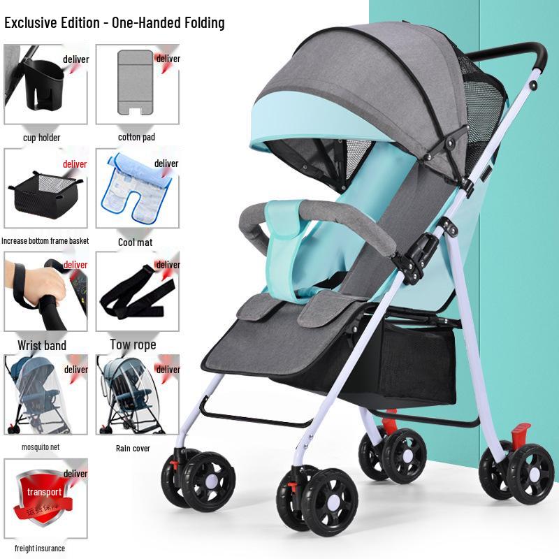 Lightweight Foldable Baby Stroller, Four-Wheeled, Convertible for Sitting or Lying, One-Button Fold Portable Design