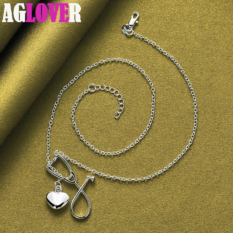 925 Sterling Silver 18 Inch Stethoscope Heart Pendant Necklace Jewelry