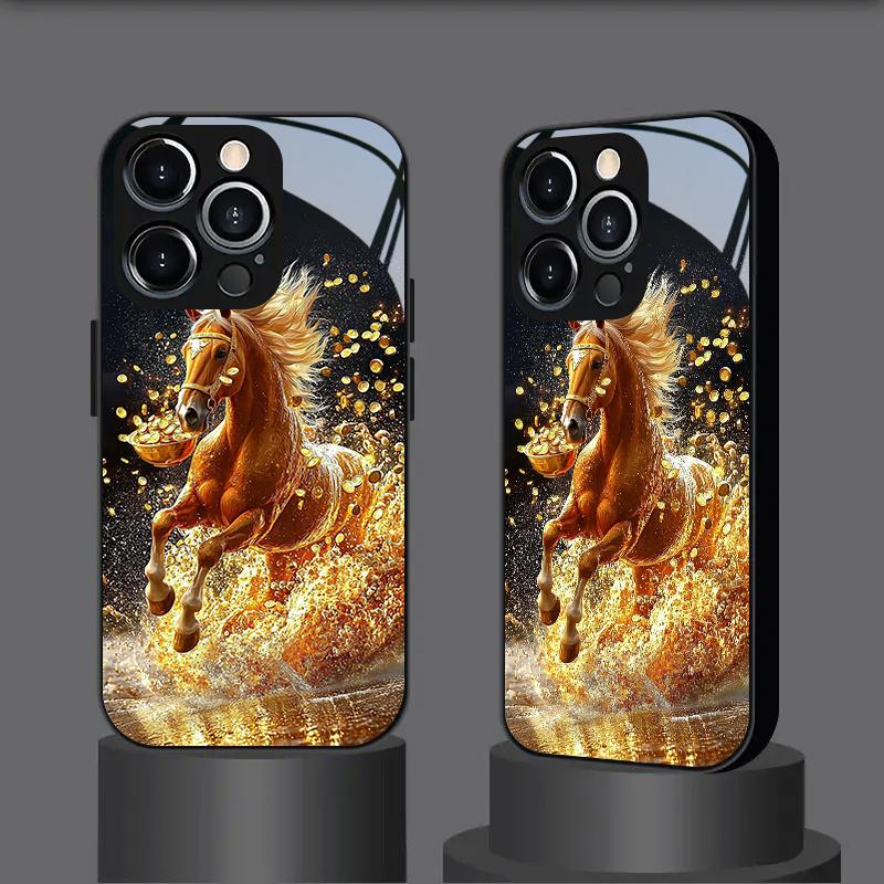 Golden Horse Delivering Wealth Features Glass phone Case for iphone 17 Air 16 15 14 13 12 11 Pro Max Plus Hard-shell