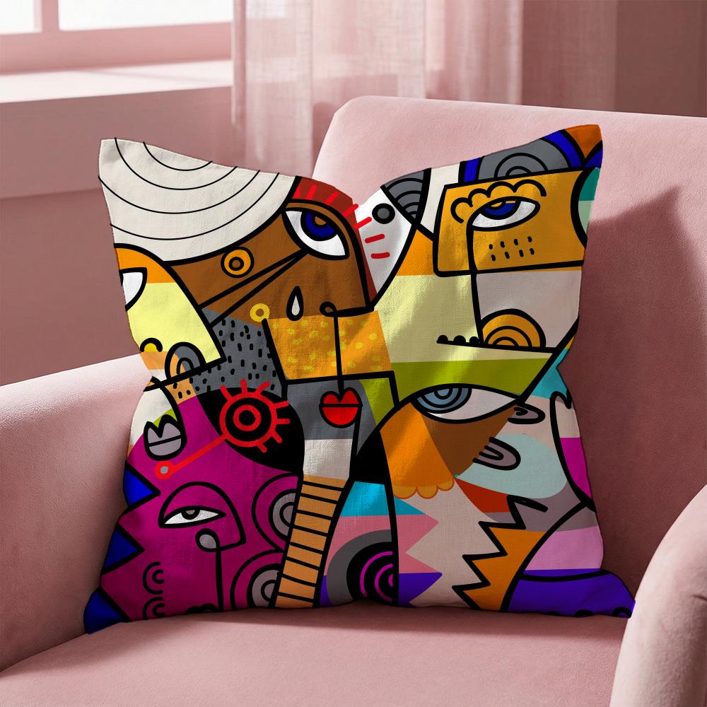 Colorful Abstract Faces Cushion Cover Multi-Scene Pillow Cover for Home & Car - Reversible, Soft & Durable for Daily Use