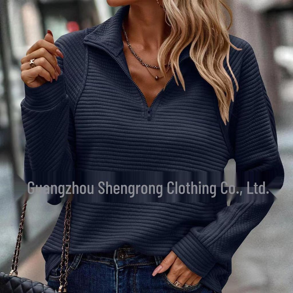 2025 New Arrival Solid Color Zipper Collar Hoodie for European & American Women