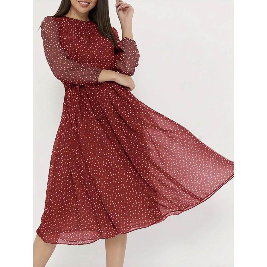 Damenmode Sommer Frühling Blumendruck Langarm O-Ausschnitt Hohe Taille Freizeitkleider