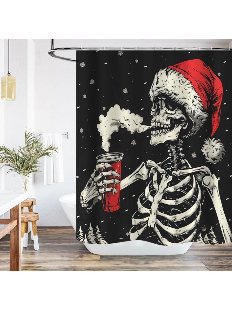 

Merry Christmas Shower Curtain Funny Skull Skeleton In Santa Hat Drinking Mulled Wine Bathroom Curtains,Winter Merry Xmas Fabric W60H190(CM)-1 Pcs