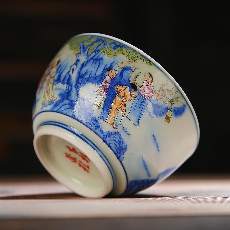 Meister Pfirsich Pflaume Nachtbankett Muster Keramik Verkostungstasse Kung Fu Teegeschirr Retro Blau und Weiß