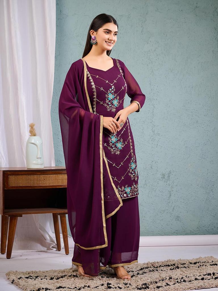 Women Wine Embroidered Kurta Palazzo Set with Dupatta Ethnic Party Wear Indian Suit