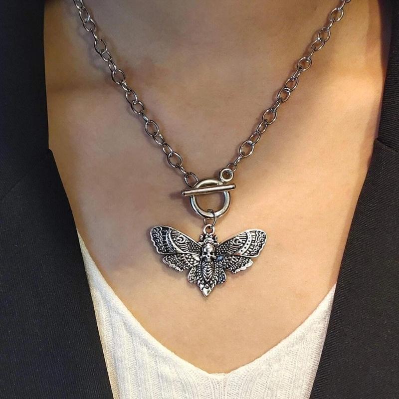Gothic Death Moth Pendant Necklace Clavicle Chain Necklace Simple Chain Skull Butterfly Necklace Jewelry for Women Men