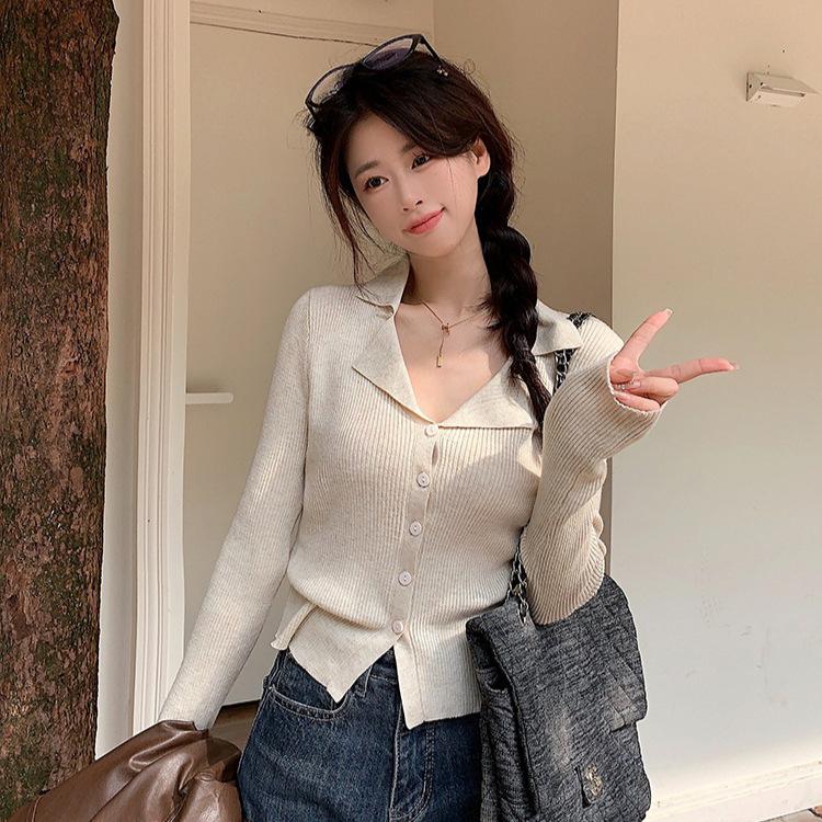 

Casual long-sleeved niche knitted cardigan jacket women s autumn slim-fitting and thin short shirt One size