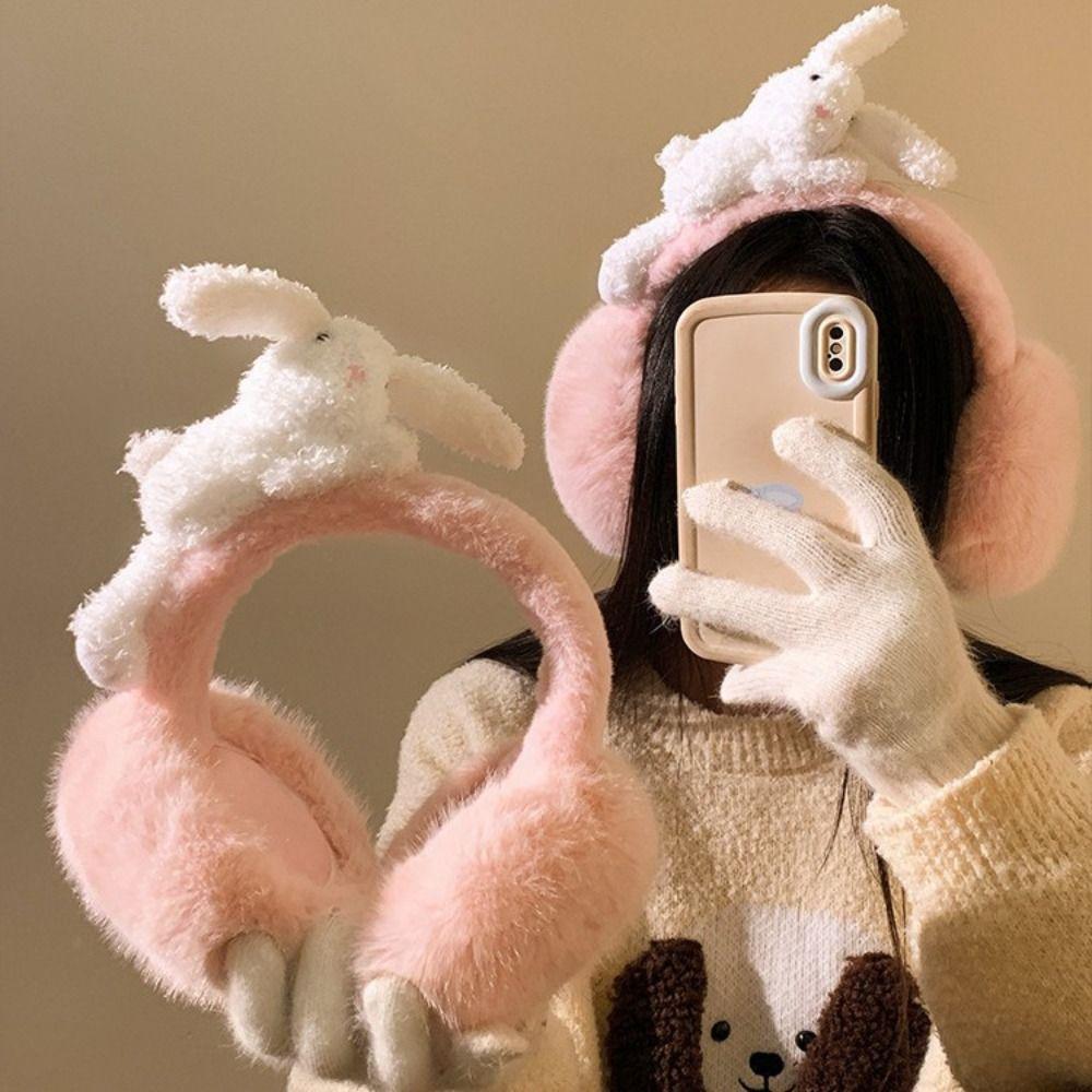 Foldable Rabbit Plush Earmuffs Portable Bunny Fluffy Earmuffs Winter Ear Covers  For Women Ladies