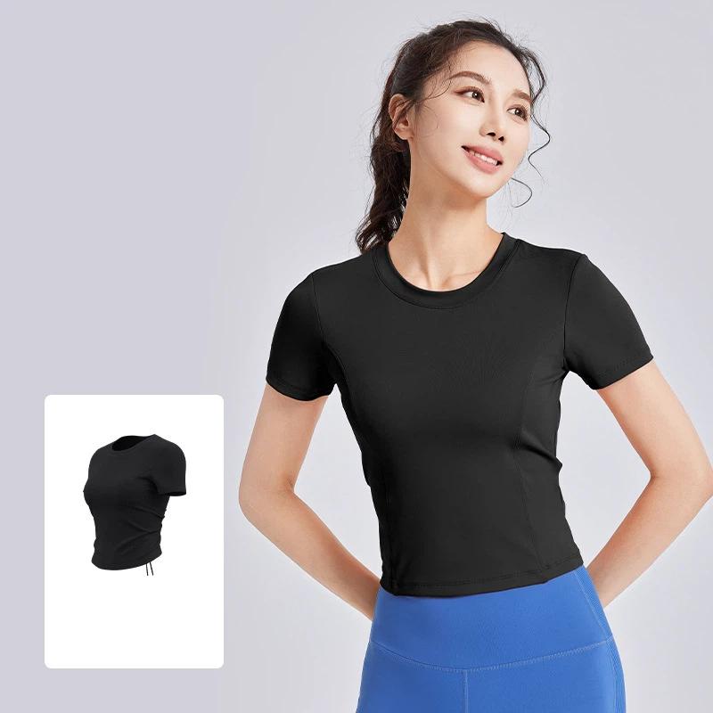 New Style Drawstring Beautiful Back Pleated Yoga Wear Short Sleeved Female All-in-one Cup Fitness Sports Top with Chest Pad for Women
