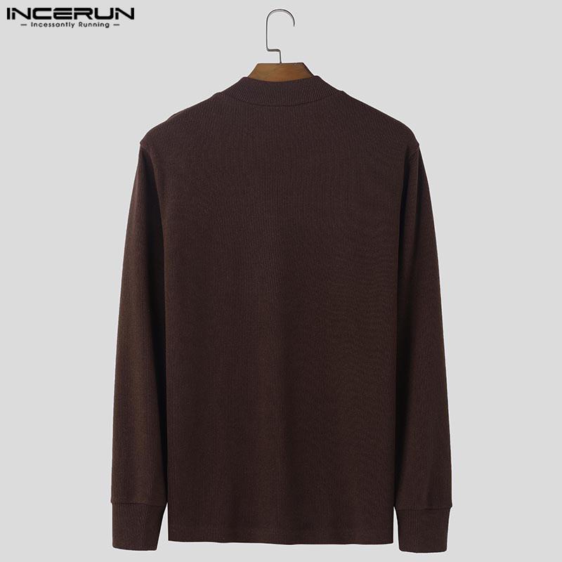 INCERUN Men Buttons Mockneck Long Sleeve Rib Knitted Pullovers Tops