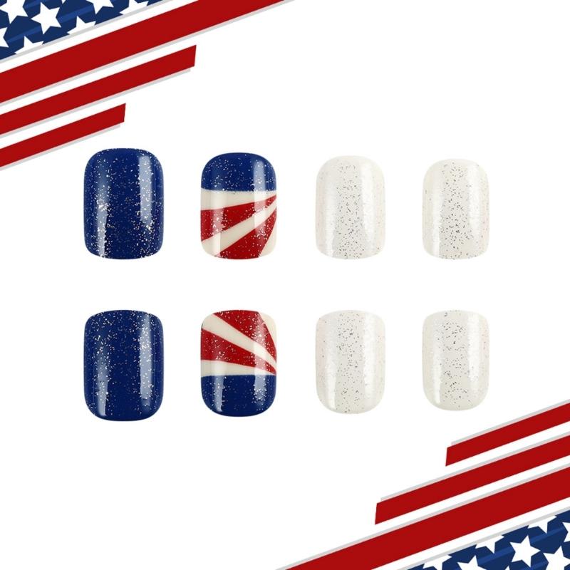 24 Pieces Independence Day Press on Nail Short Square False Nail Full Cover Acrylic Nail Stick On Nail for Women