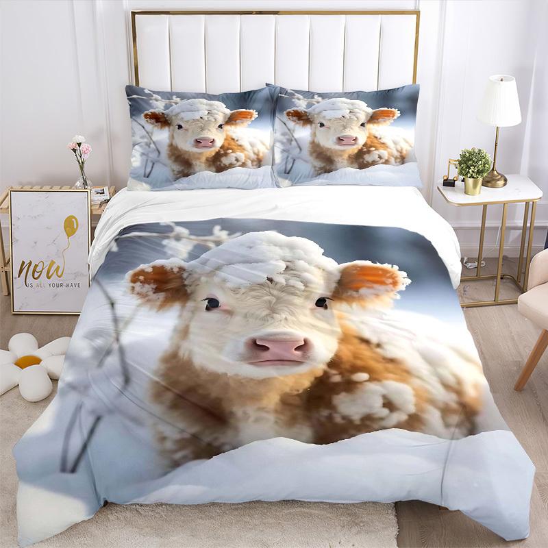 3pcs Winter Wonderland Cow Bedding Set - Includes One Quilt Cover and Two Pillowcases (No Core) - Festive Gift for Home Decor - Polyester Fa