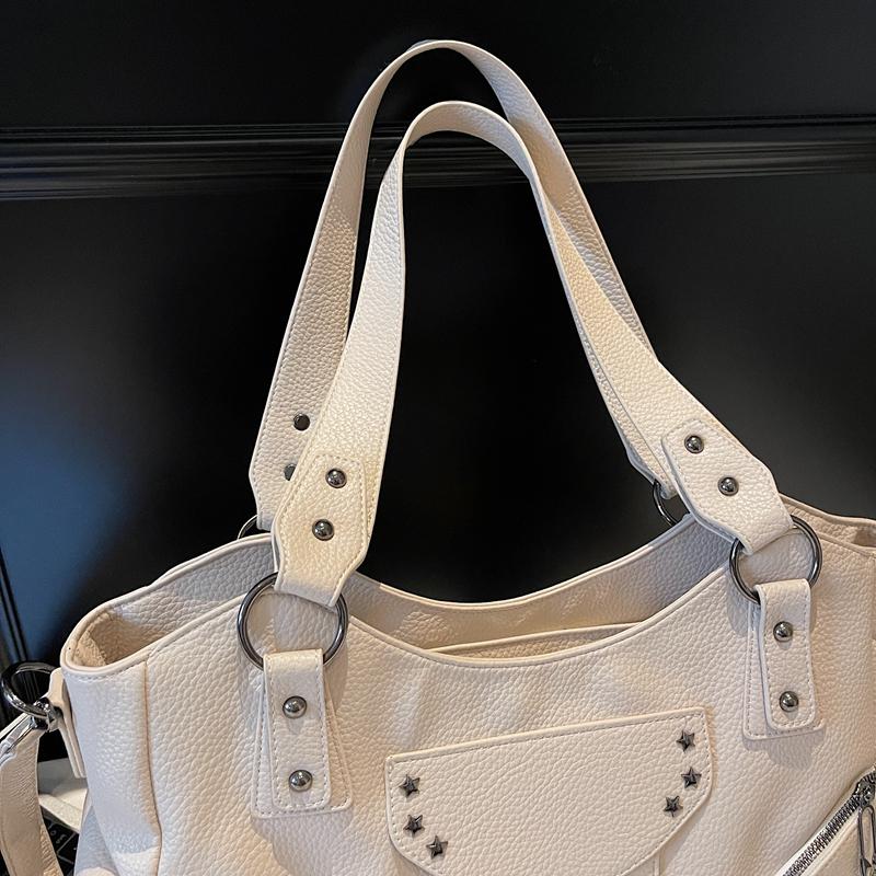PU Shoulder Bag Women's Fashion Tote with Star Stud Detail and Dual Side Zip Pockets