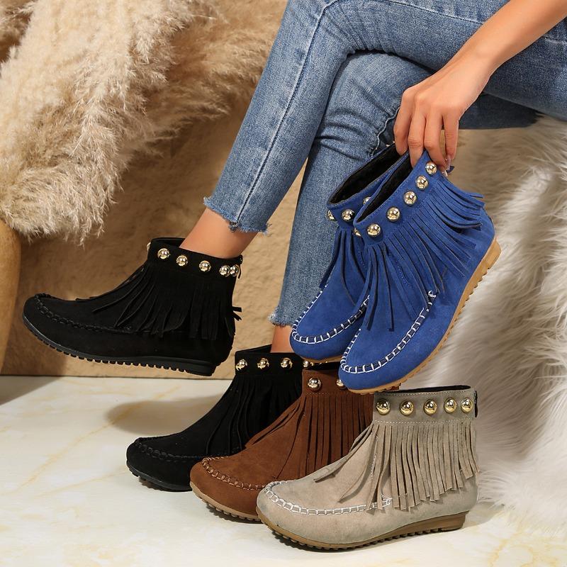 New Autumn Winter Women's Ankle Boots Versatile European American Style Flat Tassel Design
