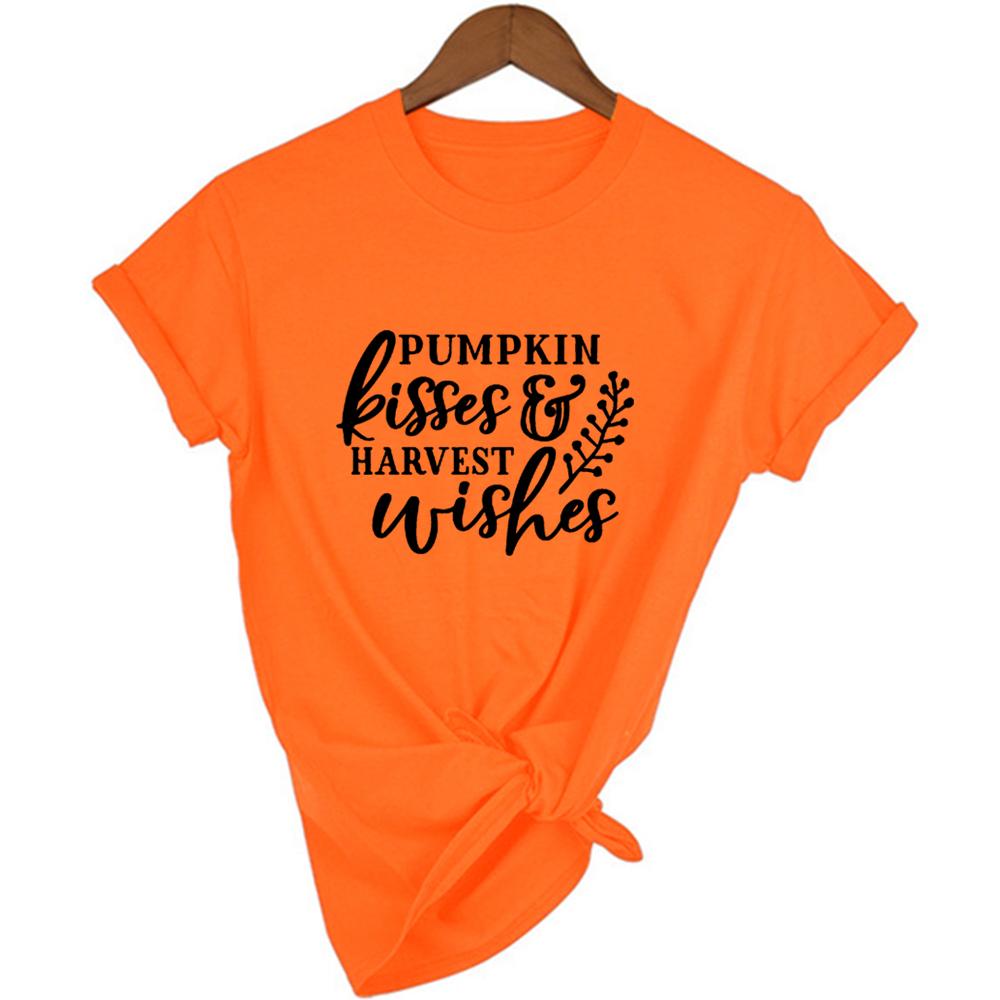 Halloween Pumpkin Spice Print Women Orange Aesthetic T Shirt Graphic Short Sleeve T Shirts Thankful