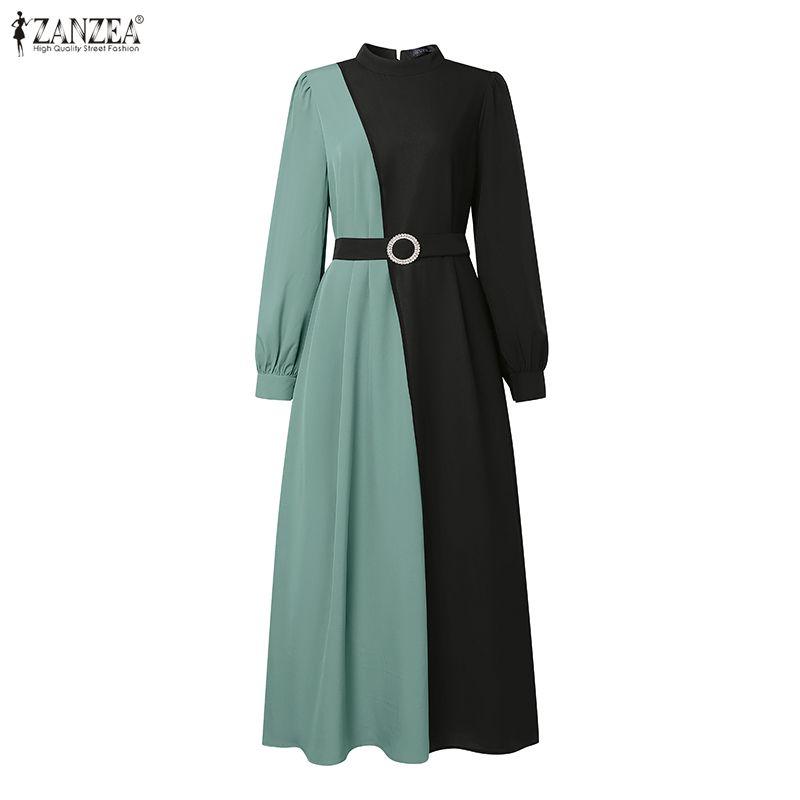 ZANZEA Damen Casual Rundhals Langarm Lose Patchwork Langes Kleid