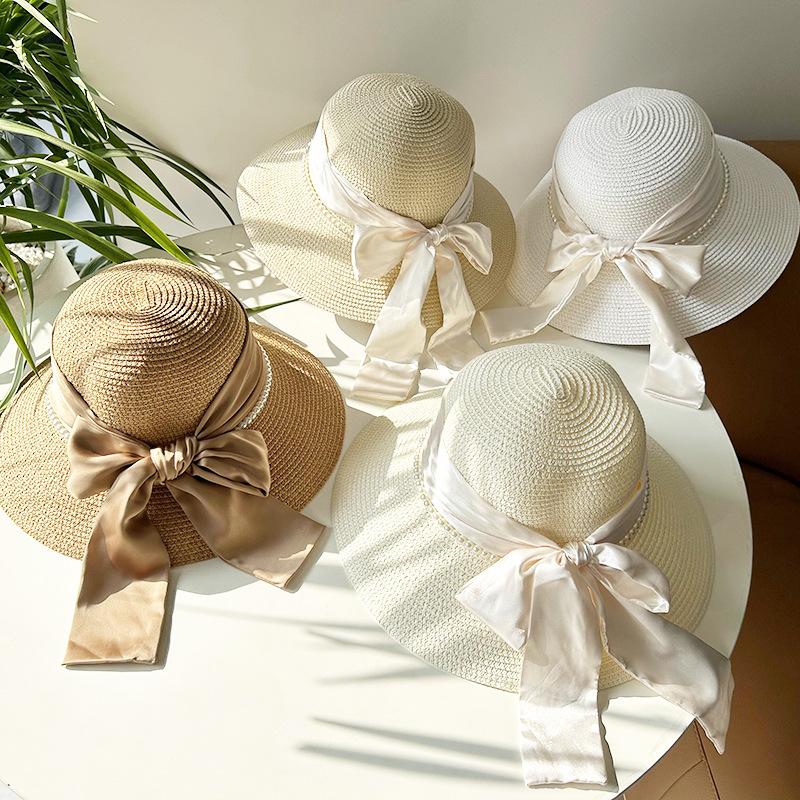 Hat Style Versatile Straw Woven Elegant Pearls Bow Womens Retro Sunshade Hats