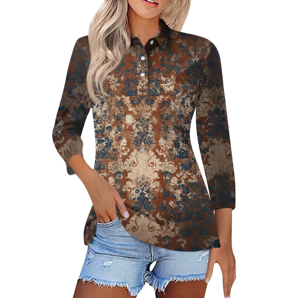 Women's Fashion Casual Lapel Short 3/4 Sleeve Print Shirt Women's Button Up Tops