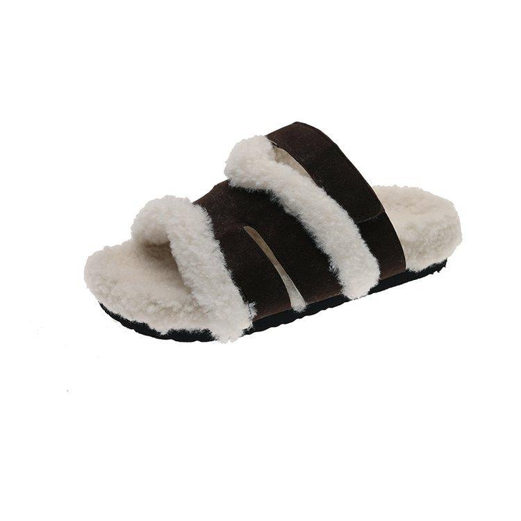 

Версия из коровьей кожи 2025 мягкая подошва осень и зима новые с открытым носком удобные повседневные на плоской подошве шлепанцы на одной перемычке черные пушистые тапочки для улицы 40 какао
