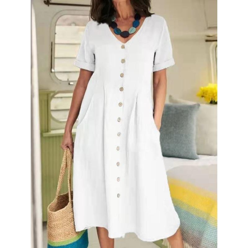 V Neck Short Sleeve Linen Front Wooden Button High Waist Loose Pleated Shift Dress With Side Pockets Breathable Casual Summer Vacation Flowy Sundress