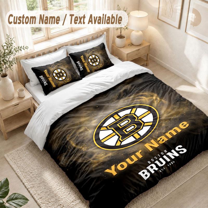 Custom Name Bedding Set 3 PiecesBoston Bruins Print Duvet Cover + 2 Pillowcases Soft Bed Decor