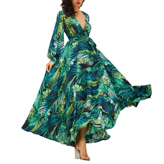 

Плюс размер Богемия Пляжное женское платье с принтом листьев и V-образным вырезом с длинным рукавом-фонариком Макси-платье S зелёный