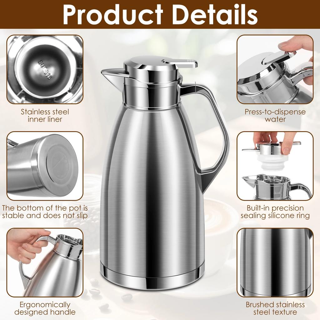2.3L Thermal Thermos Stainless Steel Double Wall Insulated Jug Insulated 24 H Vacuum Tea Jug for Coffee Milk Tea Beverage Juice