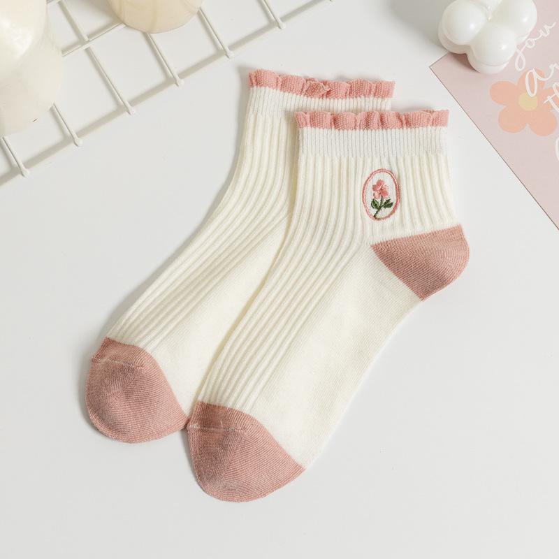 5/10 Pairs Casual Spring Summer Socks for Children Short Cuff Fresh Striped Color Block Boat Socks Academic Style Cute Embroidered Floral Socks