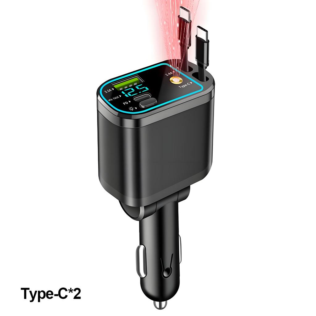 4 In 1 120W Retractable Car Charger Starlight In Car Roof,with ambient light and Star Night Light Type C Fast Charging Adapter,Dual Cable Car Charger