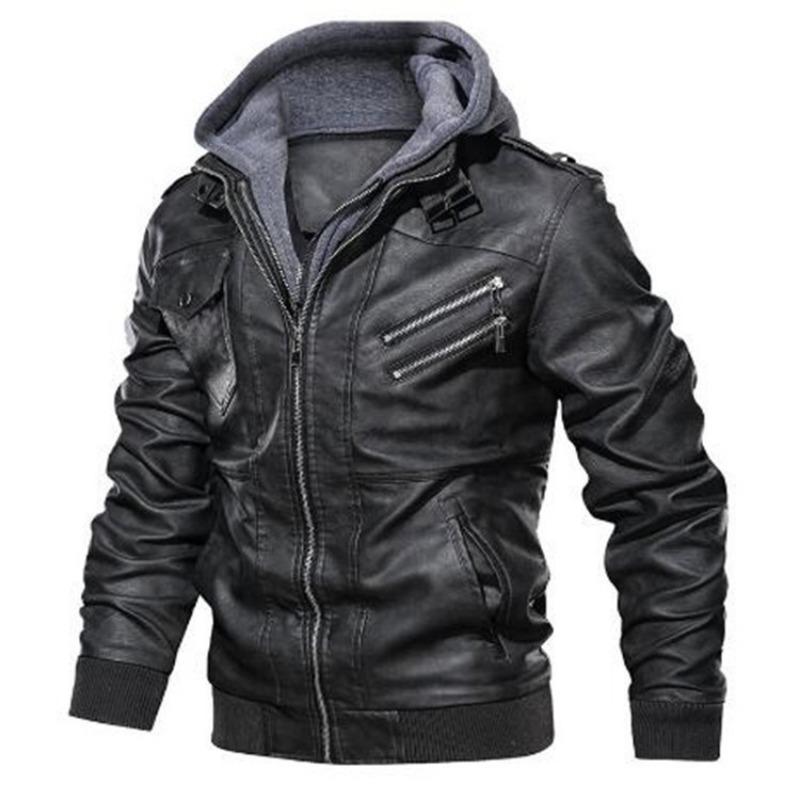 Leather Retro Motorcycle PU Leather Jacket Autumn and Winter Removable Men's Hooded Jacket