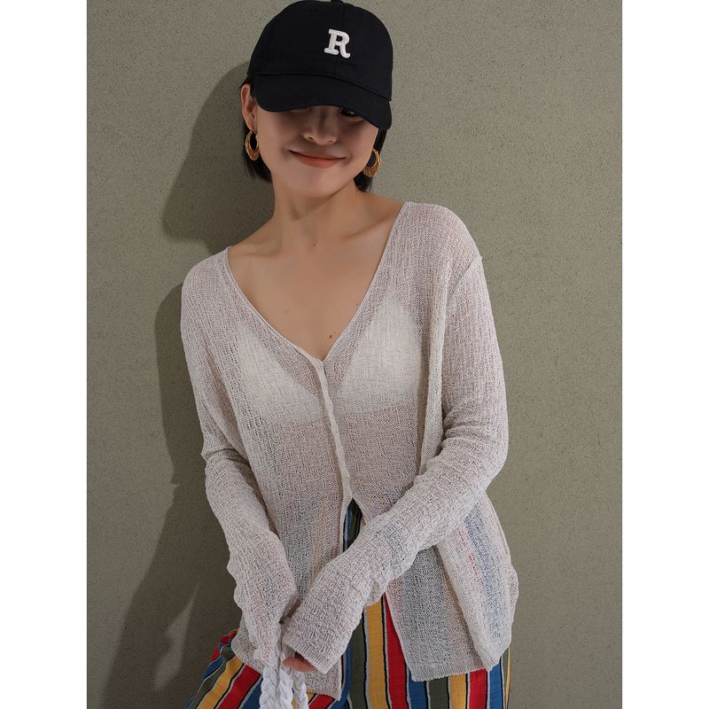 

Summer Can Wear 70 Cotton 30 Linen Slightly Transparent Loose Needle Women s V Neck Long Sleeves Loose Knitwear He605 Apricot color Common Size